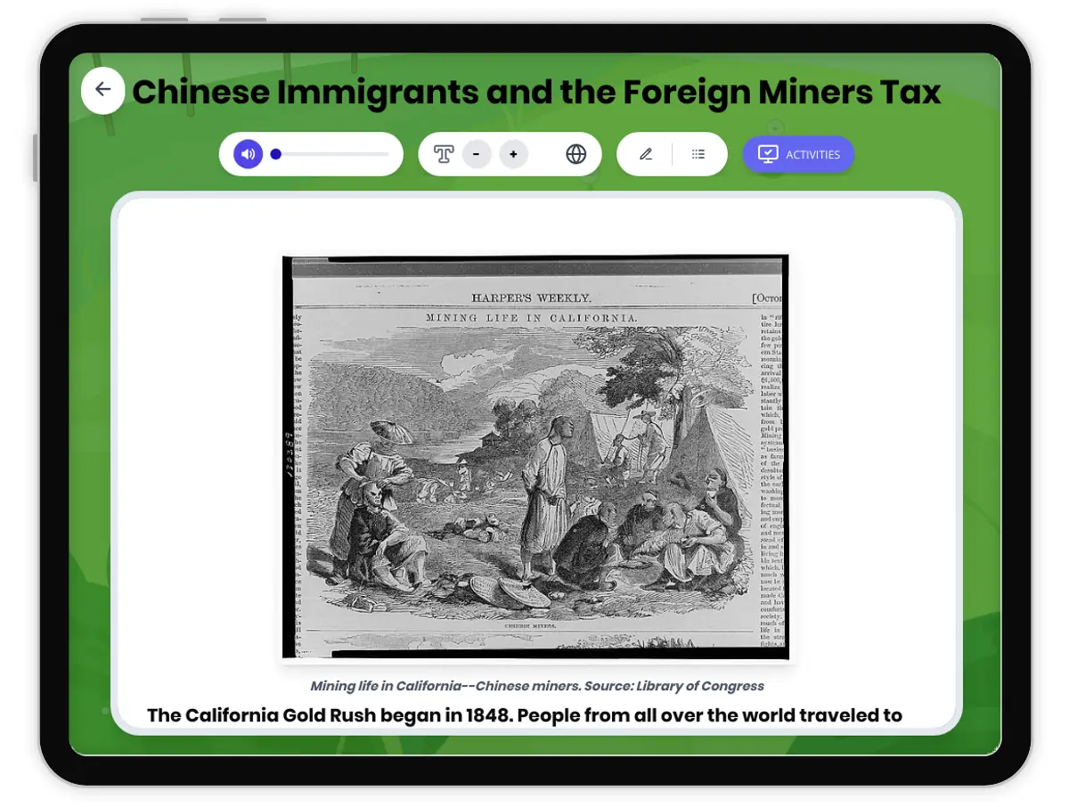 Interactive — Reading Comprehension preview: Chinese Immigrants and the Foreign Miners Tax covering D2.HIS.4.3-5, D2.HIS.16.3-5, RI.4.3, RI.4.4, W.4.2 standards - Page 1 of 1
