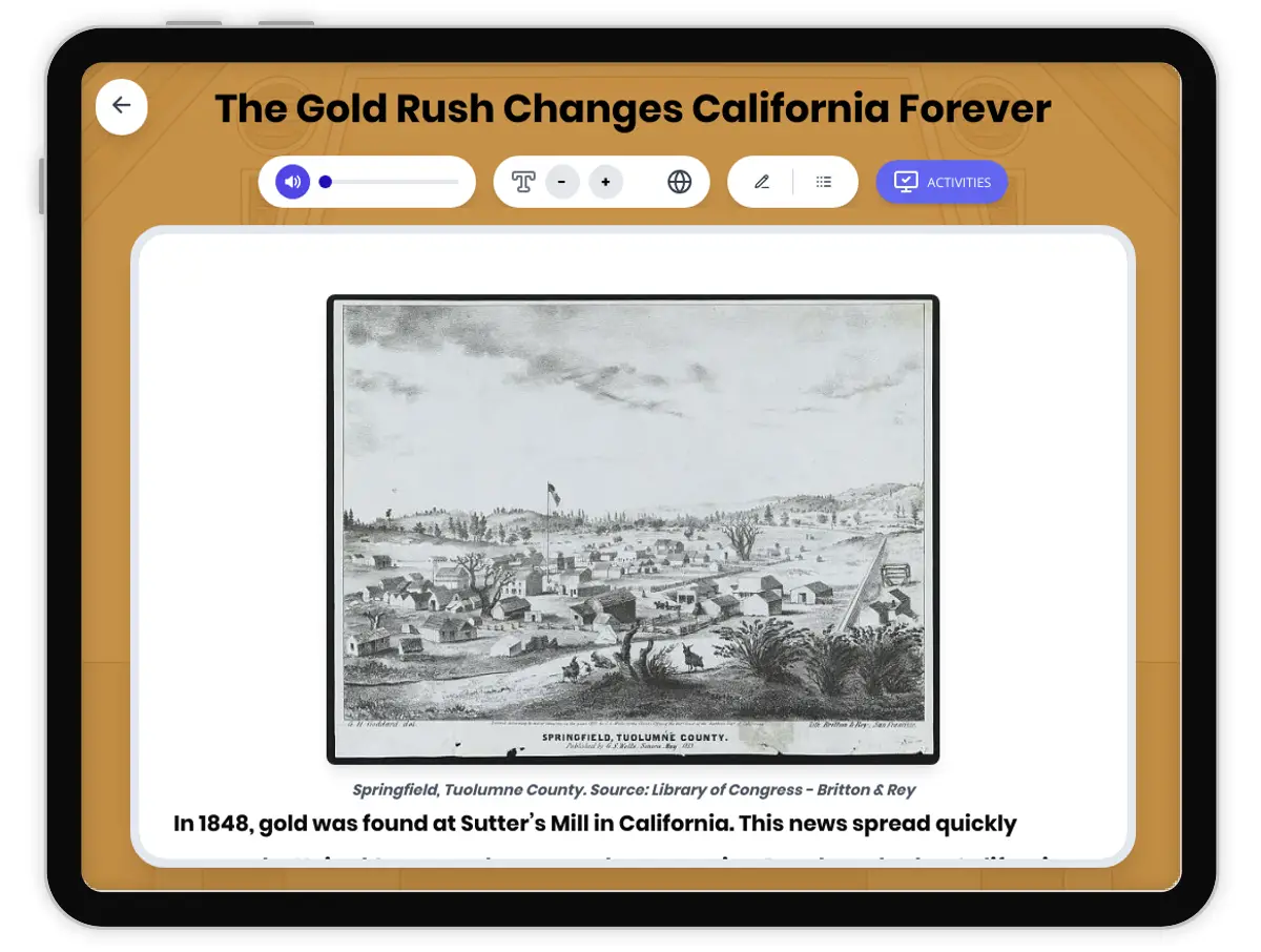Interactive — Reading Comprehension preview: The Gold Rush Changes California Forever covering D2.HIS.1.3-5, D2.HIS.2.3-5, D2.HIS.16.3-5, RI.4.3, RI.4.4, W.4.2 standards - Page 1 of 1