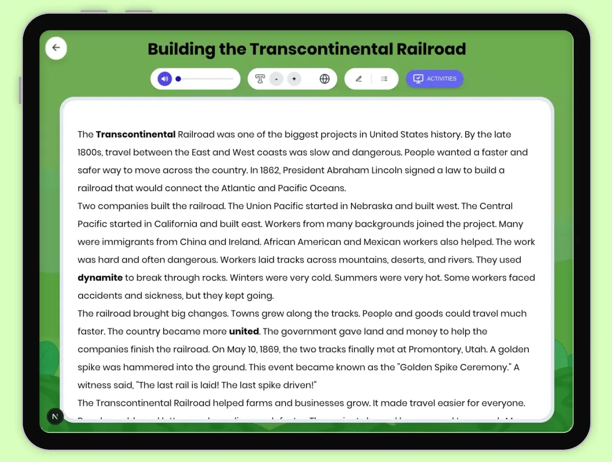 Interactive — Reading Comprehension preview: Building the Transcontinental Railroad covering D2.HIS.2.3-5, D2.HIS.16.3-5, RI.4.3, RI.4.4, W.4.2 standards - Page 1 of 1