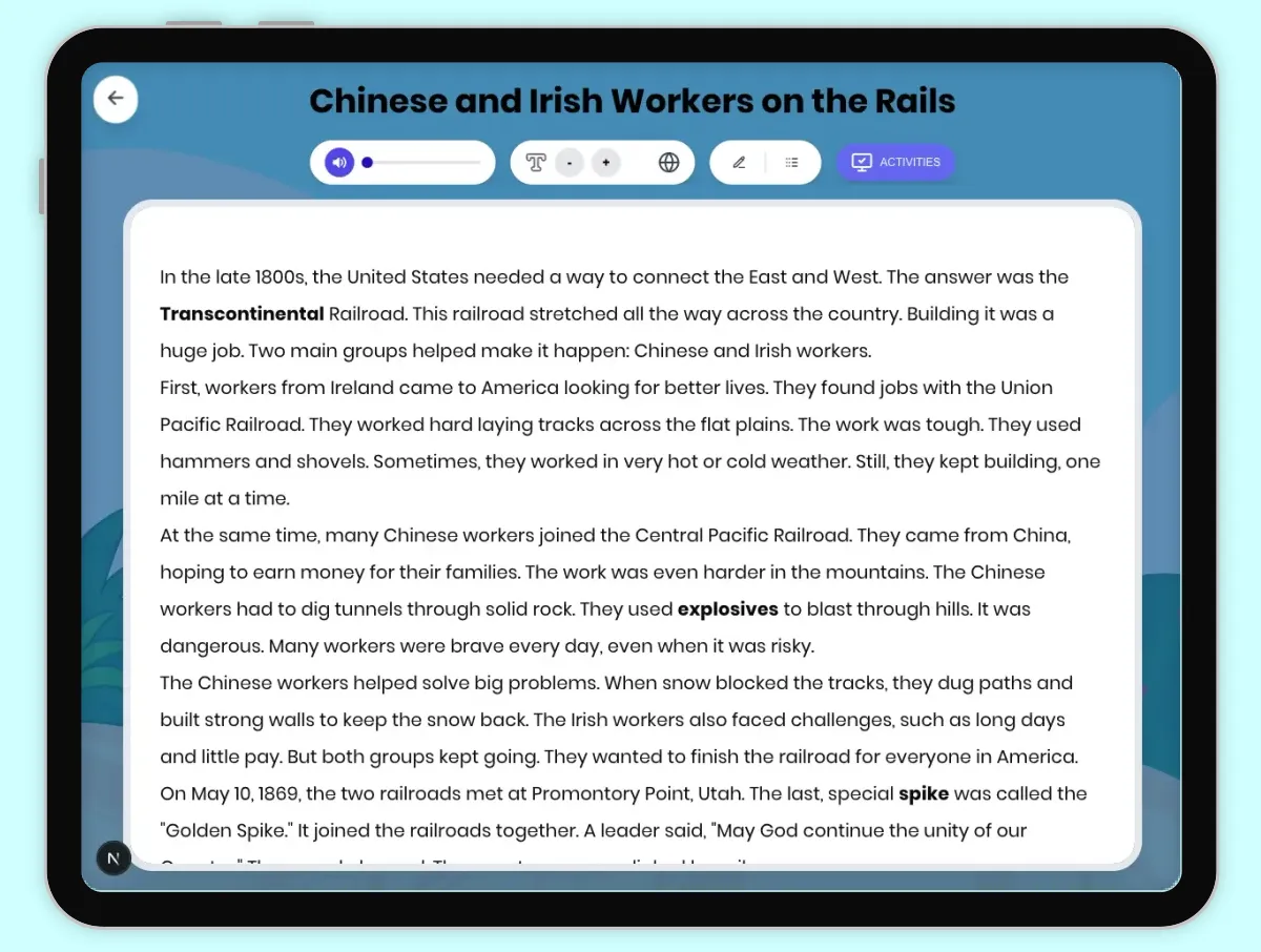 Interactive — Reading Comprehension preview: Chinese and Irish Workers on the Rails covering D2.HIS.16.3-5, D2.HIS.2.3-5, RI.4.1, RI.4.3, W.4.2 standards - Page 1 of 1