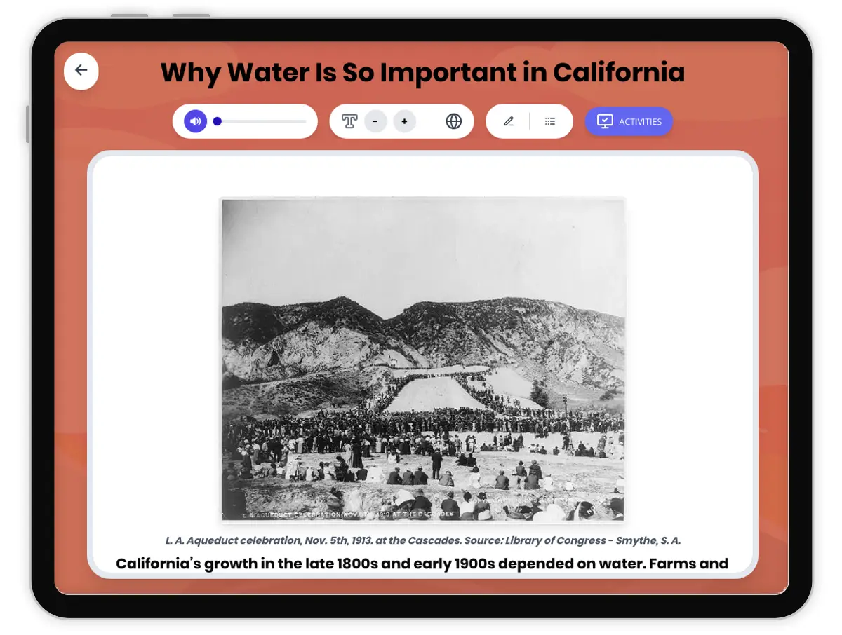 Interactive — Reading Comprehension preview: Why Water Is So Important in California covering D2.HIS.2.3-5, D2.HIS.3.3-5, D2.GEO.1.3-5, RI.4.3, RI.4.4, W.4.2 standards - Page 1 of 1