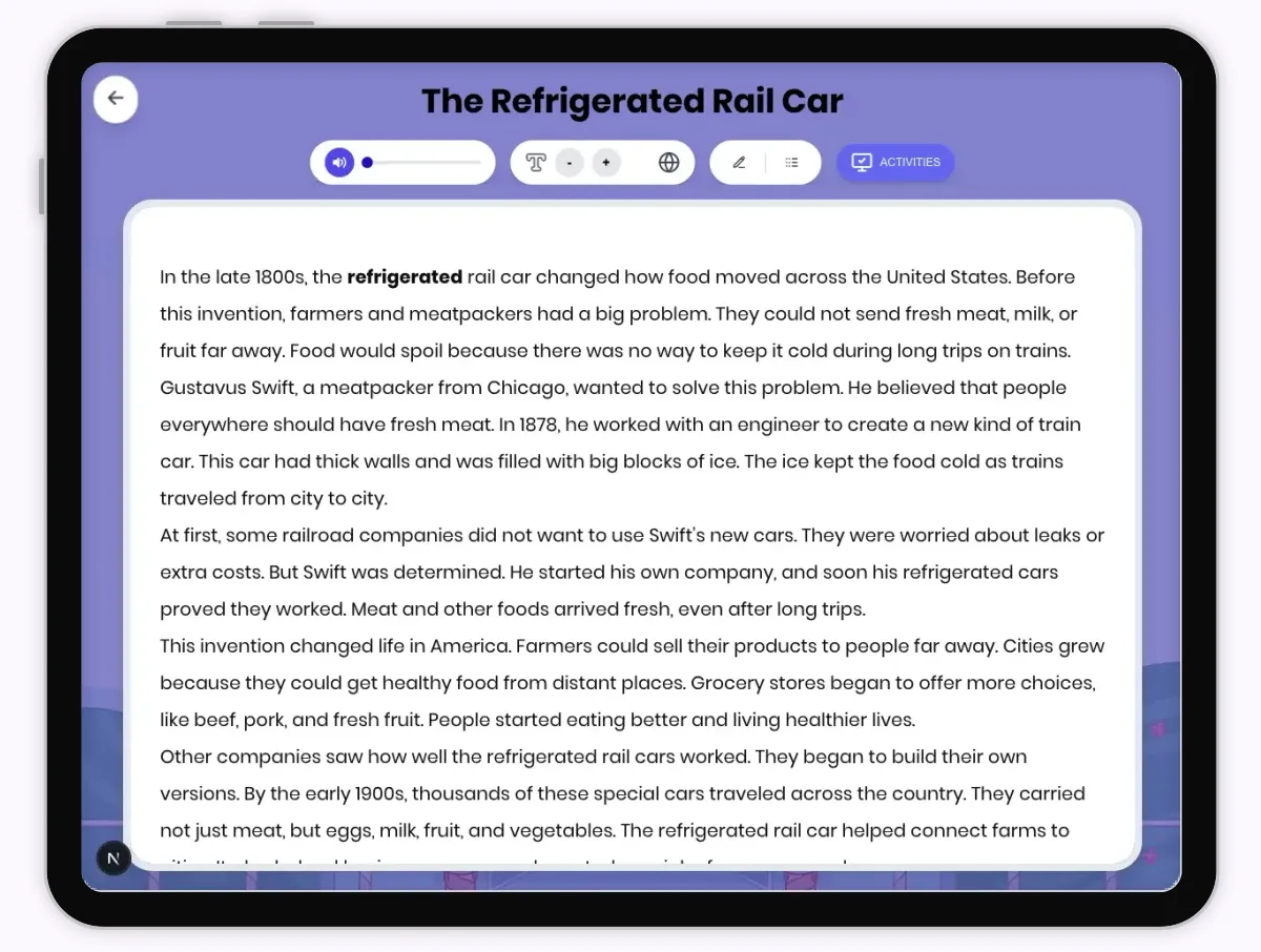 Interactive — Reading Comprehension preview: The Refrigerated Rail Car covering D2.HIS.2.3-5, D2.HIS.3.3-5, RI.4.3, RI.4.4, W.4.2 standards - Page 1 of 1