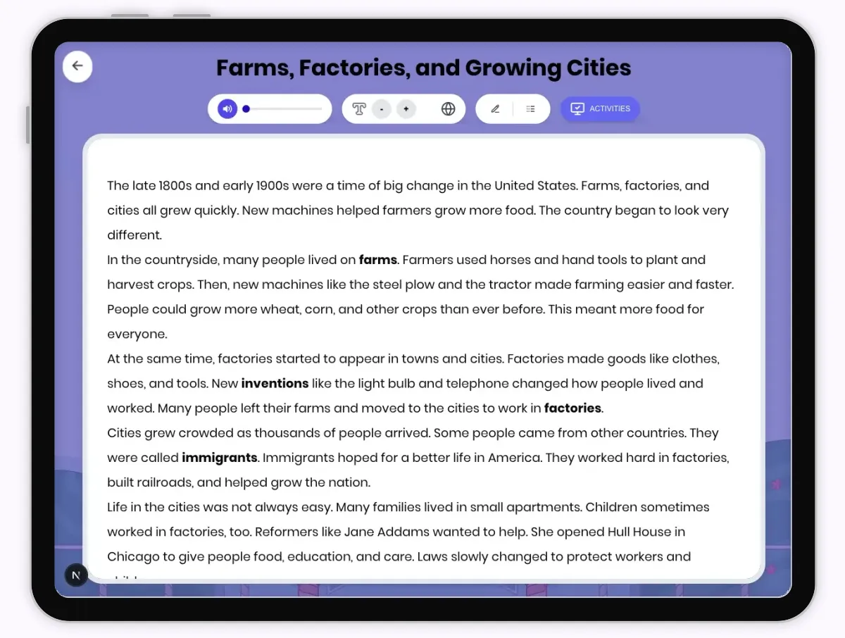 Interactive — Reading Comprehension preview: Farms, Factories, and Growing Cities covering D2.HIS.1.3-5, D2.HIS.2.3-5, D2.HIS.3.3-5, RI.4.3, RI.4.4, W.4.2 standards - Page 1 of 1