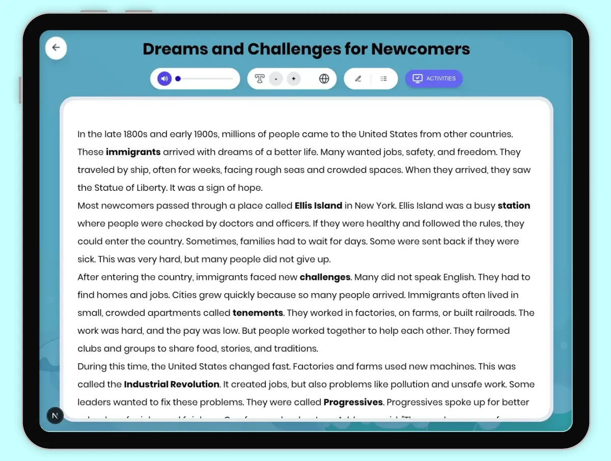 Interactive — Reading Comprehension preview: Dreams and Challenges for Newcomers covering D2.HIS.1.3-5, D2.HIS.2.3-5, D2.HIS.3.3-5, RI.4.3, RI.4.4, W.4.2 standards - Page 1 of 1