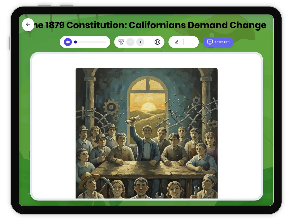 Interactive — Reading Comprehension preview: The 1879 Constitution: Californians Demand Change covering D2.HIS.1.5, D2.HIS.2.5, D2.HIS.3.5, RI.5.3, RI.5.4, W.5.2 standards - Page 1 of 1