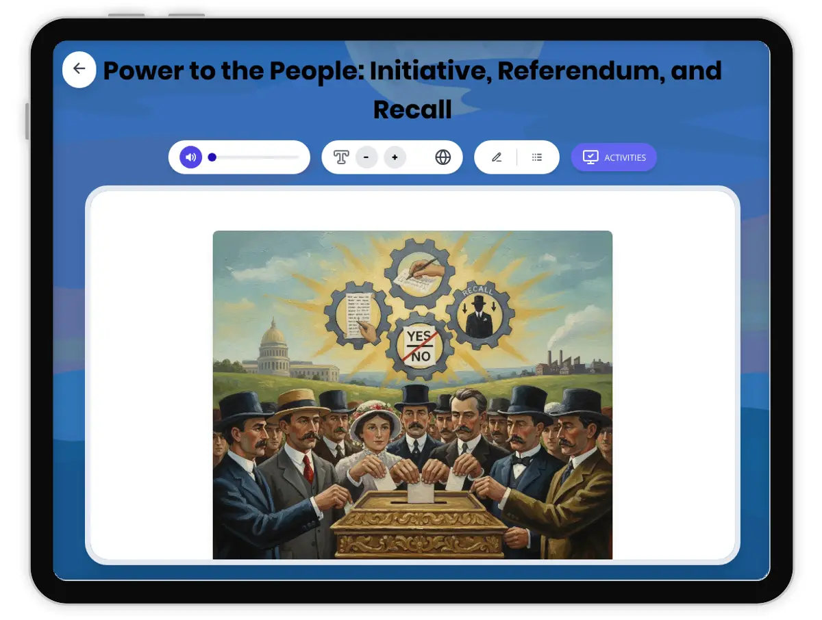 Interactive — Reading Comprehension preview: Power to the People: Initiative, Referendum, and Recall covering D2.HIS.2.5, D2.HIS.3.5, RI.5.3, RI.5.4, W.5.2 standards - Page 1 of 1