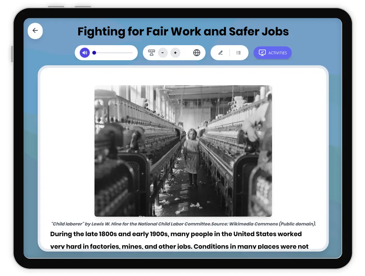 Interactive — Reading Comprehension preview: Fighting for Fair Work and Safer Jobs covering D2.HIS.5.3-5, D2.HIS.16.3-5, RI.4.3, RI.4.4, W.4.2 standards - Page 1 of 1