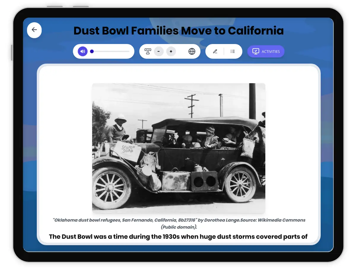 Interactive — Reading Comprehension preview: Dust Bowl Families Move to California covering D2.HIS.2.3-5, D2.HIS.3.3-5, RI.4.3, RI.4.4, W.4.2 standards - Page 1 of 1