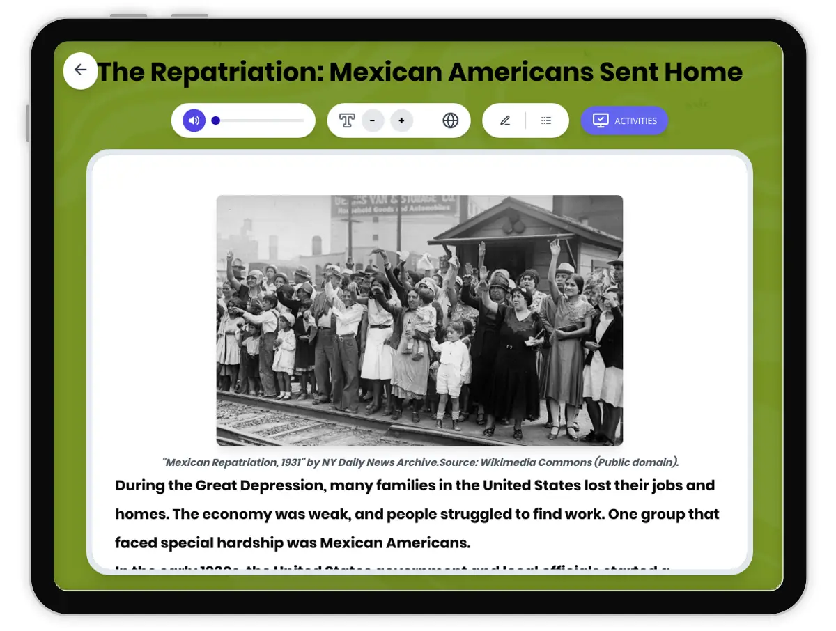 Interactive — Reading Comprehension preview: The Repatriation: Mexican Americans Sent Home covering D2.HIS.2.3-5, D2.HIS.3.3-5, RI.4.3, RI.4.4, W.4.2 standards - Page 1 of 1