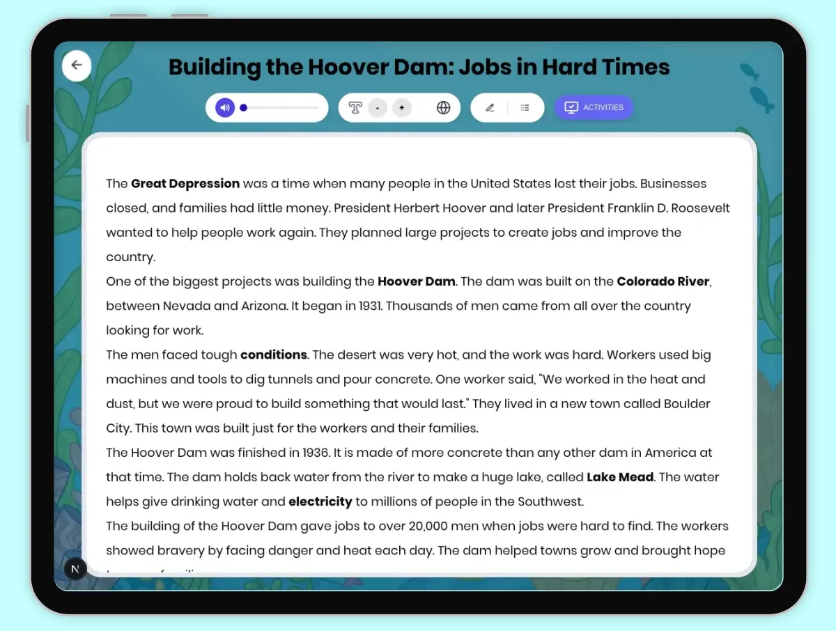 Interactive — Reading Comprehension preview: Building the Hoover Dam: Jobs in Hard Times covering D2.HIS.1.3-5, D2.HIS.2.3-5, D2.HIS.16.3-5, RI.4.3, RI.4.4, W.4.2 standards - Page 1 of 1