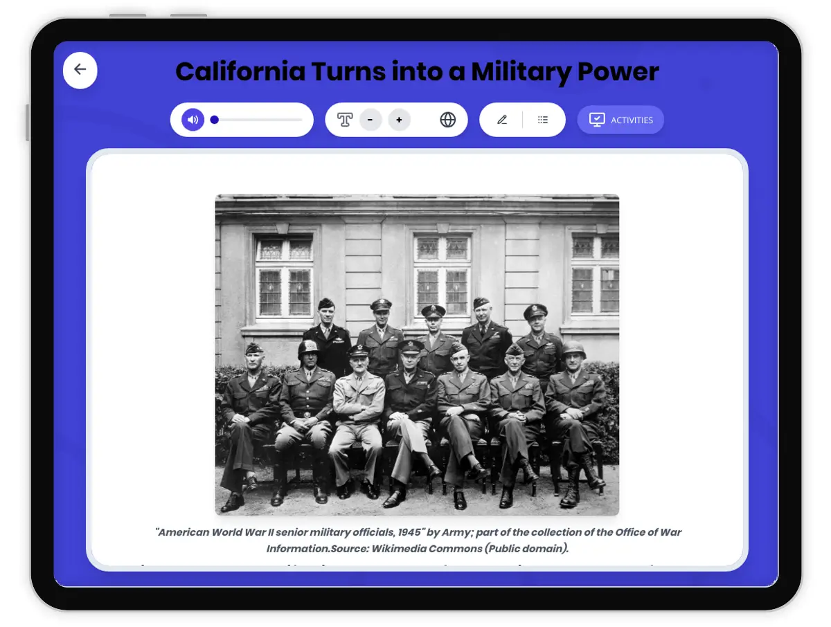 Interactive — Reading Comprehension preview: California Turns into a Military Power covering D2.HIS.2.3-5, D2.HIS.3.3-5, RI.5.3, RI.5.4, W.5.2 standards - Page 1 of 1
