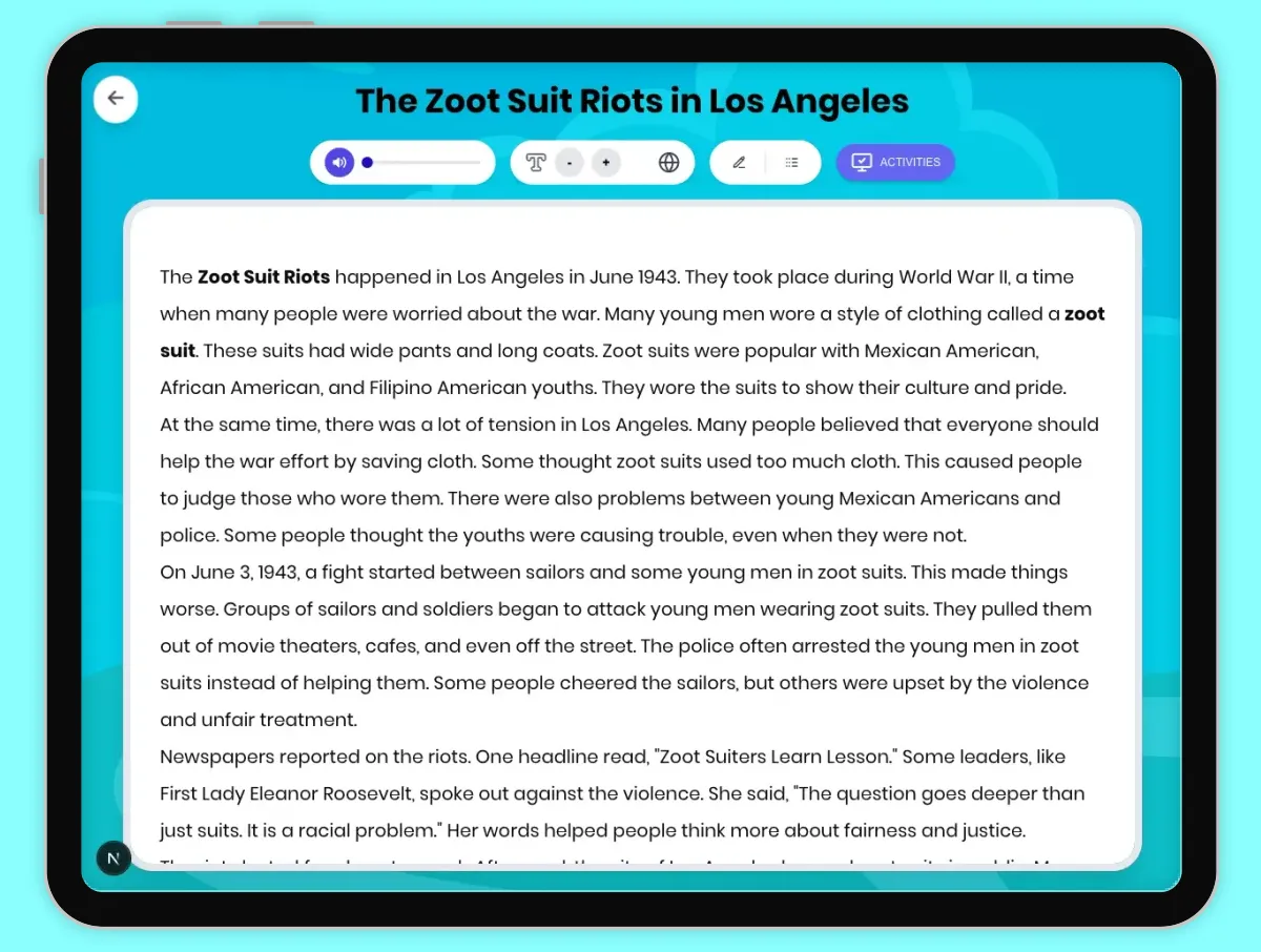 Interactive — Reading Comprehension preview: The Zoot Suit Riots in Los Angeles covering D2.HIS.1.5, D2.HIS.2.5, D2.HIS.16.5, RI.5.3, RI.5.4, W.5.2 standards - Page 1 of 1