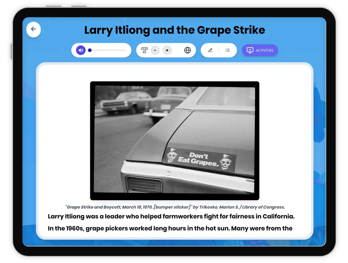 Interactive — Reading Comprehension preview: Larry Itliong and the Grape Strike covering D2.HIS.2.3-5, D2.HIS.3.3-5, RI.4.3, RI.4.4, W.4.2 standards - Page 1 of 1