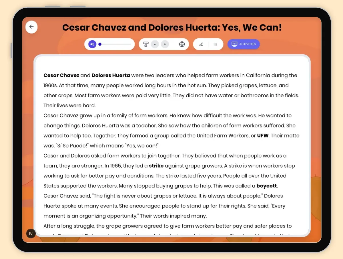 Interactive — Reading Comprehension preview: Cesar Chavez and Dolores Huerta: Yes, We Can! covering D2.HIS.2.3-5, D2.HIS.3.3-5, RI.4.3, RI.4.4, RI.4.9, W.4.2 standards - Page 1 of 1