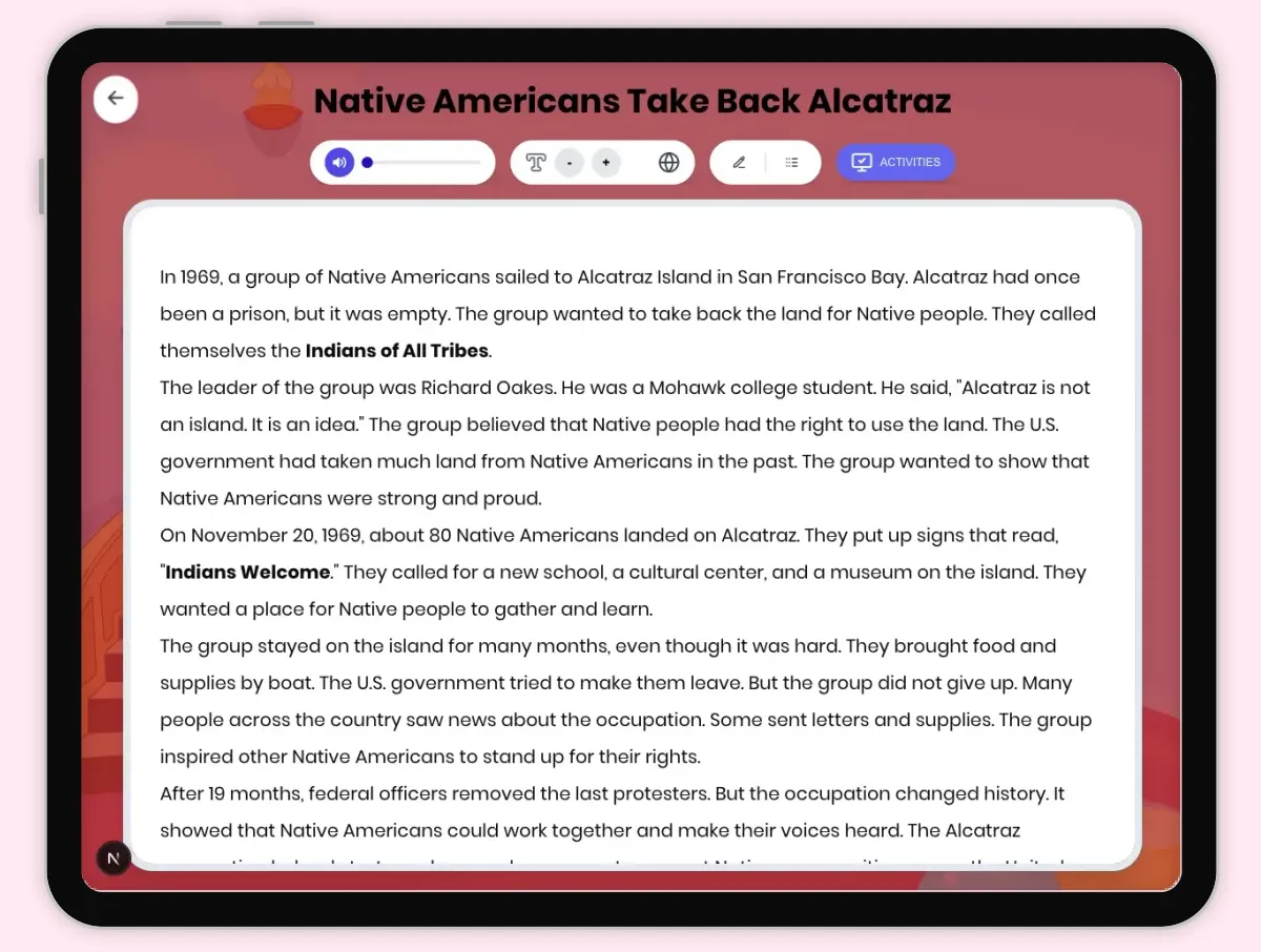 Interactive — Reading Comprehension preview: Native Americans Take Back Alcatraz covering D2.HIS.2.3-5, D2.HIS.3.3-5, D2.CIV.14.3-5, RI.4.3, RI.4.4, W.4.2 standards - Page 1 of 1