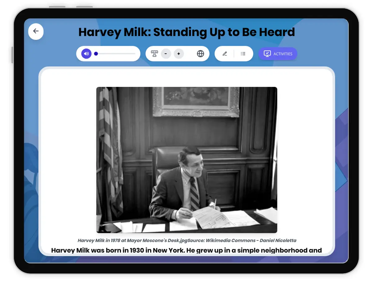 Interactive — Reading Comprehension preview: Harvey Milk: Standing Up to Be Heard covering D2.HIS.1.3-5, D2.HIS.2.3-5, D2.HIS.14.3-5, RI.4.3, RI.4.4, W.4.2 standards - Page 1 of 1