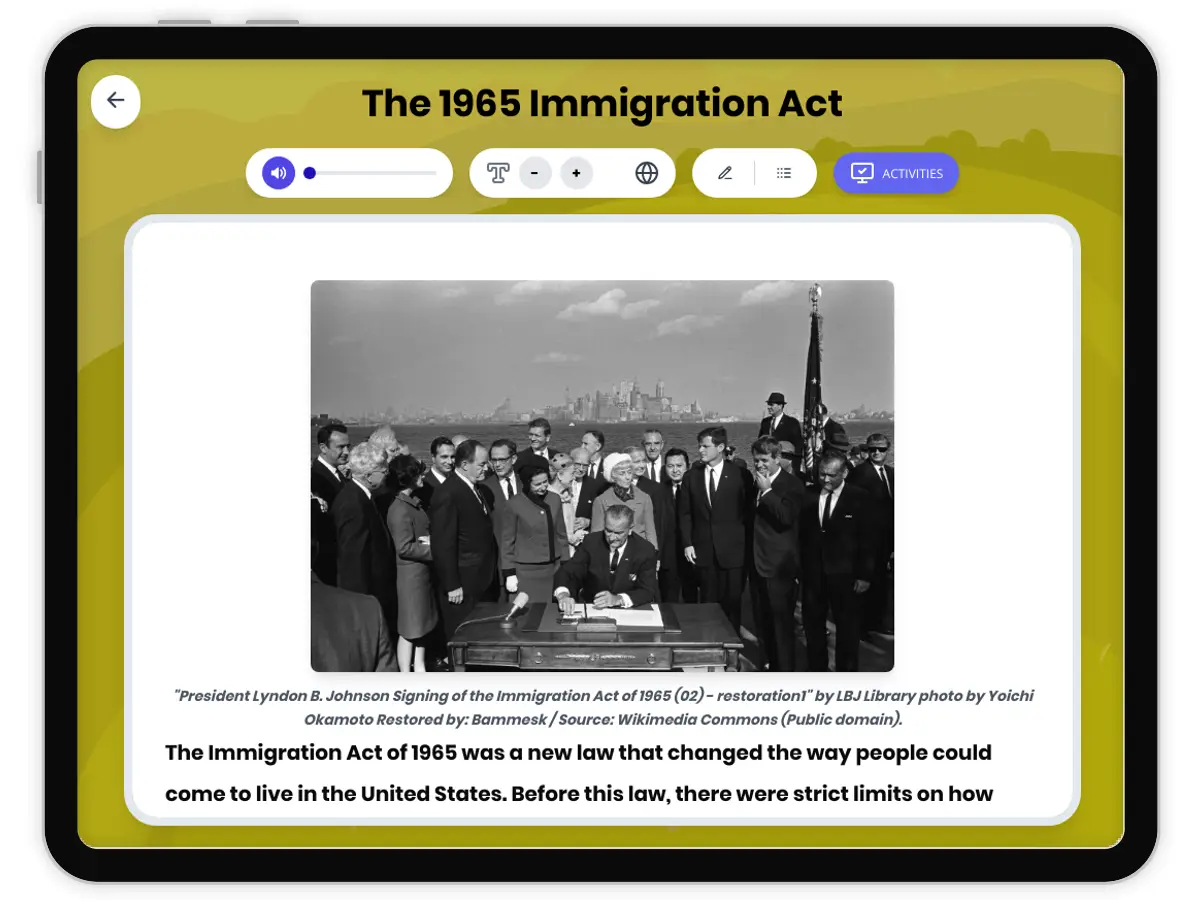 Interactive — Reading Comprehension preview: The 1965 Immigration Act covering D2.HIS.4.3-5, D2.HIS.14.3-5, RI.5.3, RI.5.4, W.5.2 standards - Page 1 of 1