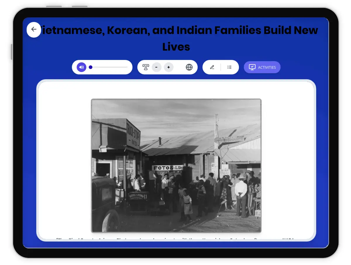 Interactive — Reading Comprehension preview: Vietnamese, Korean, and Indian Families Build New Lives covering D2.HIS.14.3-5, D2.HIS.16.3-5, RI.4.3, RI.4.4, W.4.2 standards - Page 1 of 1