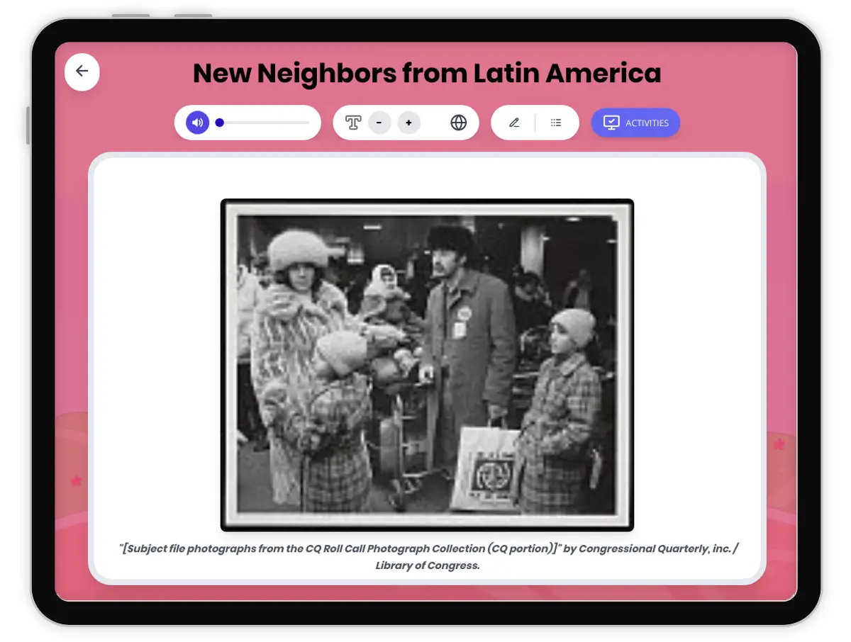 Interactive — Reading Comprehension preview: New Neighbors from Latin America covering D2.HIS.14.3-5, D2.HIS.16.3-5, RI.4.3, RI.4.4, W.4.2 standards - Page 1 of 1