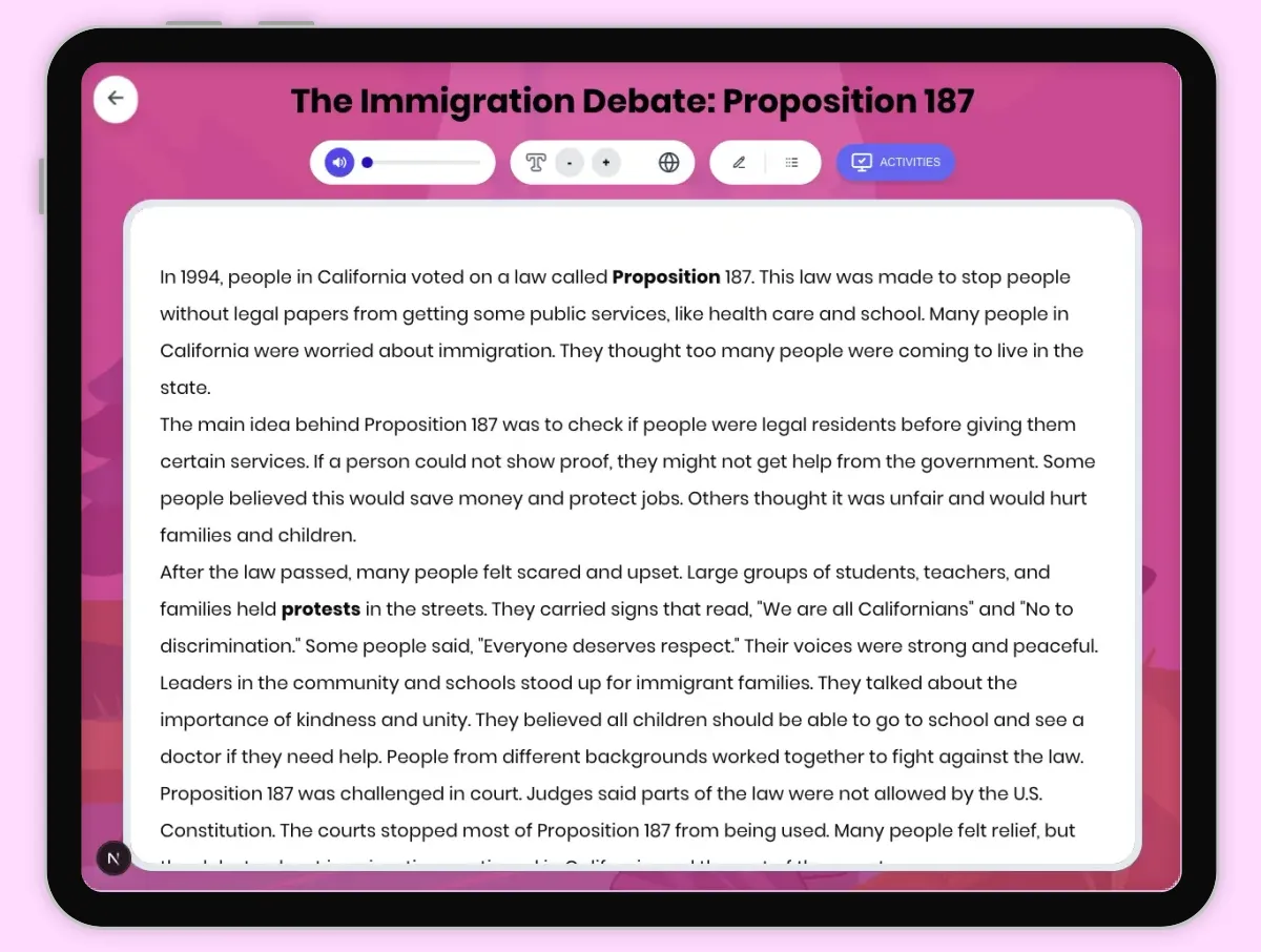 Interactive — Reading Comprehension preview: The Immigration Debate: Proposition 187 covering D2.HIS.1.5, D2.HIS.2.5, RI.5.3, RI.5.4, W.5.2 standards - Page 1 of 1