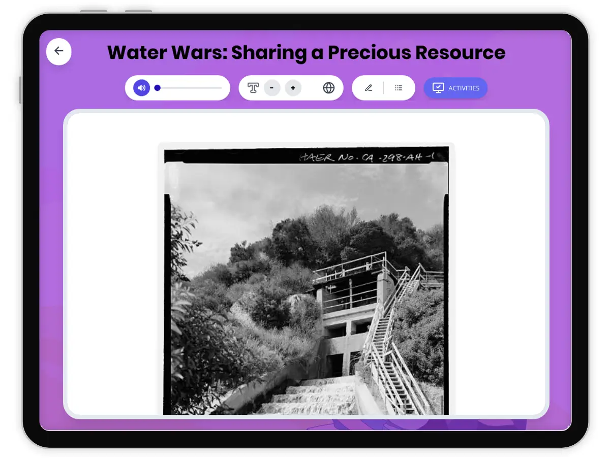 Interactive — Reading Comprehension preview: Water Wars: Sharing a Precious Resource covering D2.HIS.2.5, D2.HIS.3.5, RI.4.3, RI.4.4, W.4.2 standards - Page 1 of 1