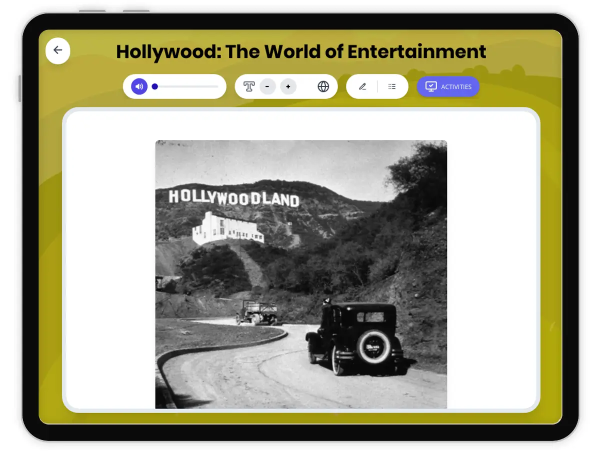Interactive — Reading Comprehension preview: Hollywood: The World of Entertainment covering D2.HIS.6.3-5, D2.HIS.16.3-5, RI.5.3, RI.5.4, W.5.2 standards - Page 1 of 1