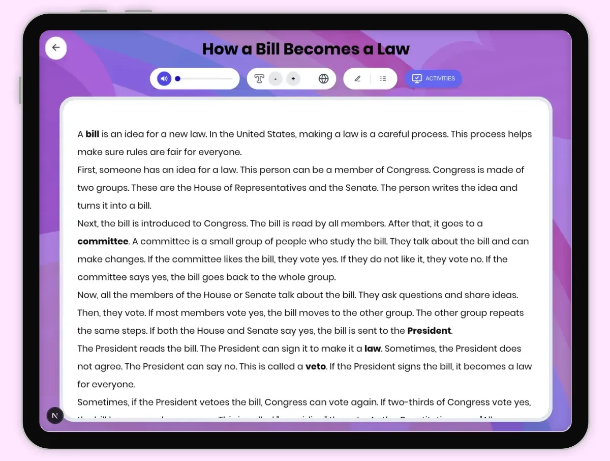 Interactive — Reading Comprehension preview: How a Bill Becomes a Law covering D2.CIV.4.3-5, D2.CIV.6.3-5, RI.4.3, RI.4.4, W.4.2 standards - Page 1 of 1