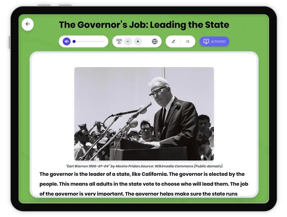 Interactive — Reading Comprehension preview: The Governor’s Job: Leading the State covering D2.CIV.1.3-5, D2.CIV.2.3-5, RI.4.3, RI.4.4, W.4.2 standards - Page 1 of 1