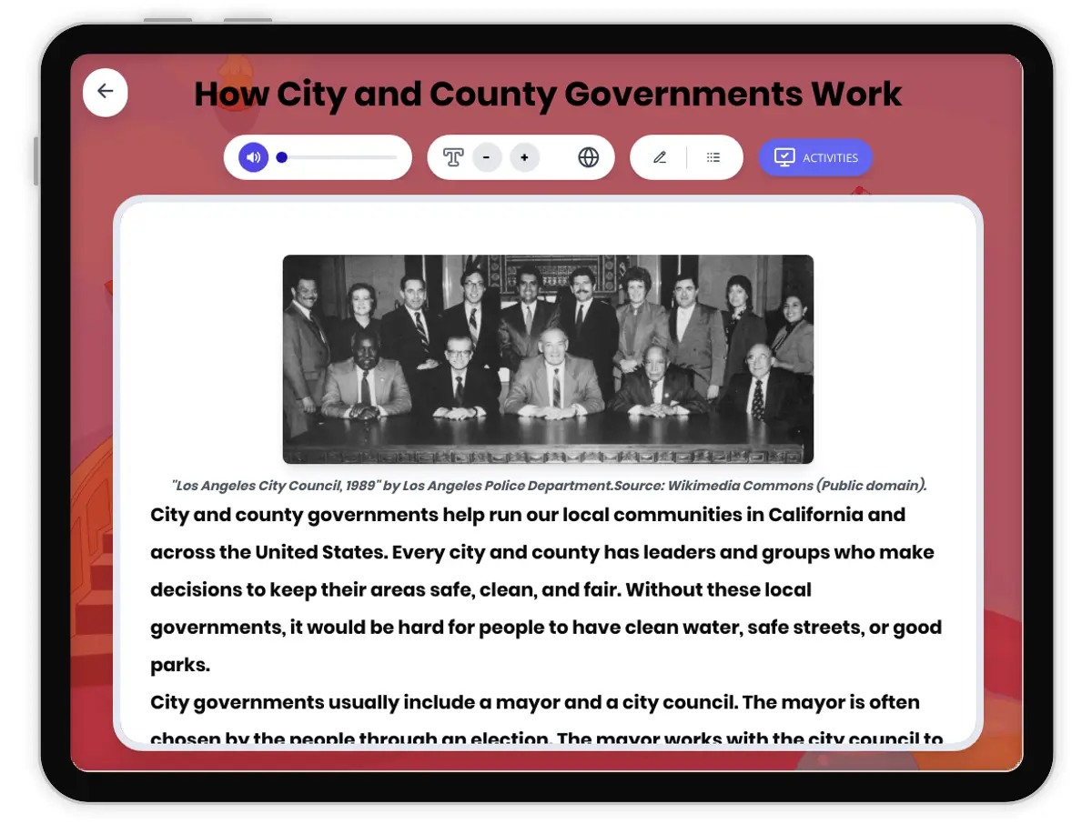 Interactive — Reading Comprehension preview: How City and County Governments Work covering D2.CIV.1.3-5, D2.CIV.2.3-5, RI.4.3, RI.4.4, W.4.2 standards - Page 1 of 1