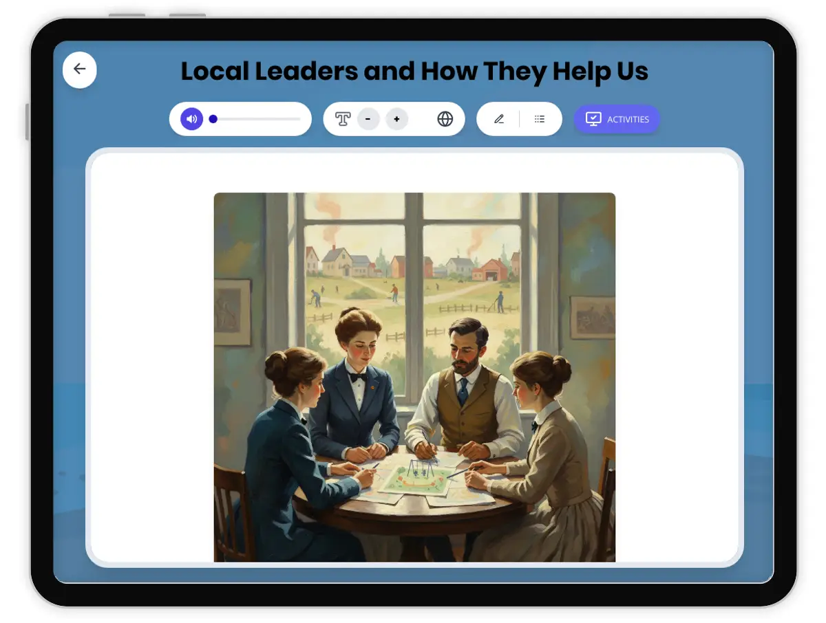 Interactive — Reading Comprehension preview: Local Leaders and How They Help Us covering D2.CIV.1.3-5, D2.CIV.2.3-5, RI.4.3, RI.4.4, W.4.2 standards - Page 1 of 1