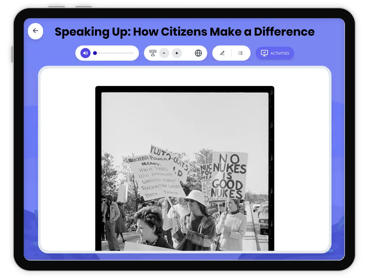 Interactive — Reading Comprehension preview: Speaking Up: How Citizens Make a Difference covering D2.HIS.5.3-5, D2.CIV.2.3-5, RI.4.3, RI.4.4, W.4.2 standards - Page 1 of 1