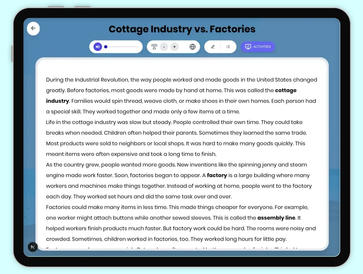 Interactive — Reading Comprehension preview: Cottage Industry vs. Factories covering D2.HIS.2.3-5, D2.HIS.3.3-5, RI.4.3, RI.4.4, W.4.2 standards - Page 1 of 1