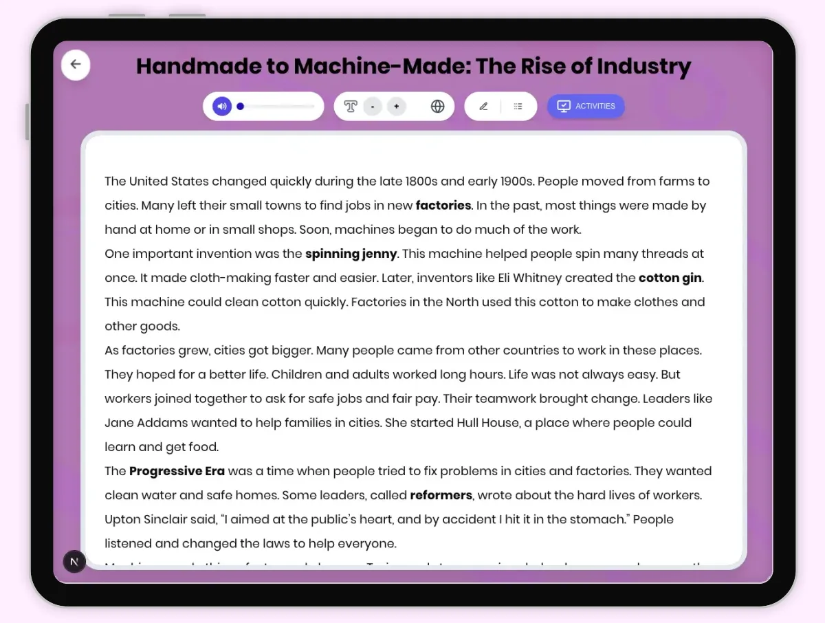 Interactive — Reading Comprehension preview: Handmade to Machine-Made: The Rise of Industry covering D2.HIS.2.3-5, D2.HIS.3.3-5, RI.4.3, RI.4.4, W.4.2 standards - Page 1 of 1