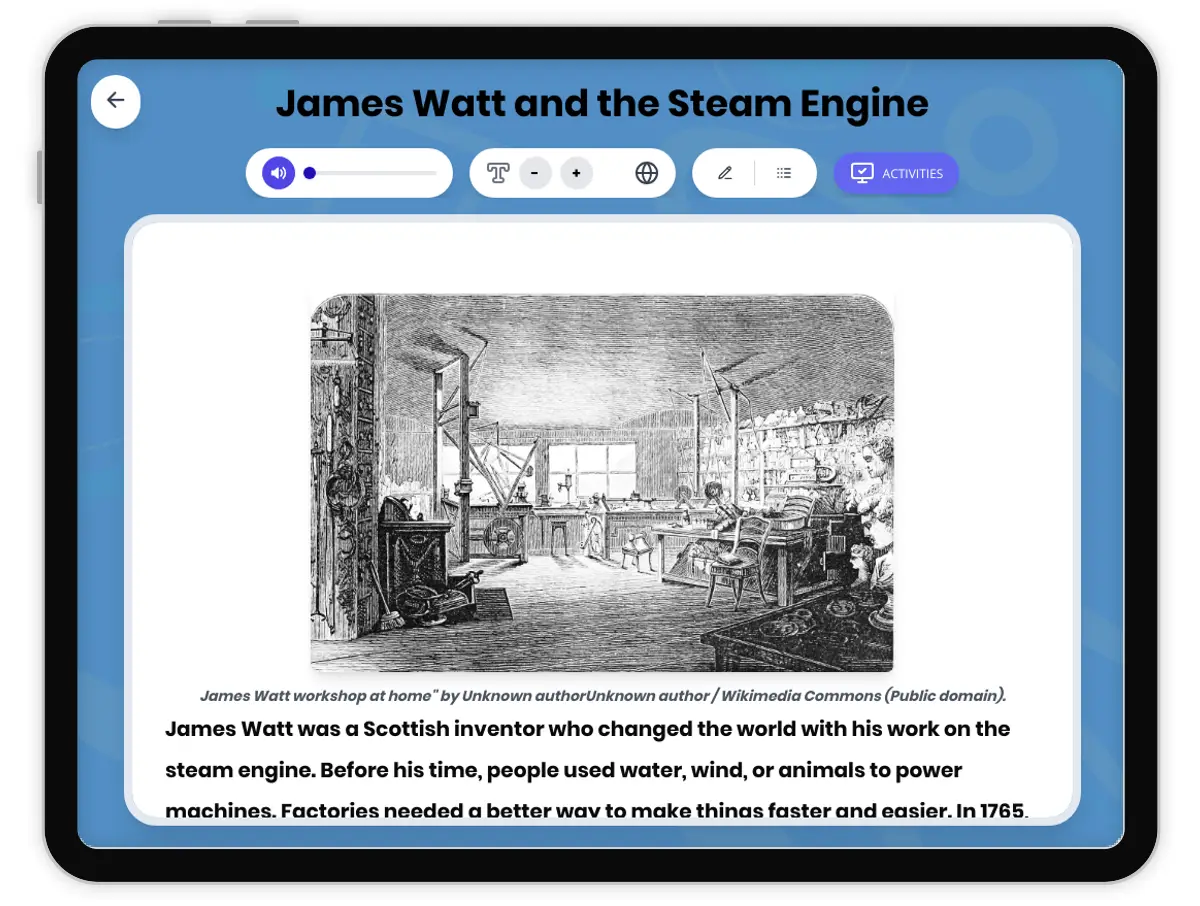 Interactive — Reading Comprehension preview: James Watt and the Steam Engine covering D2.HIS.3.3-5, D2.HIS.16.3-5, RI.4.3, RI.4.4, W.4.2 standards - Page 1 of 1