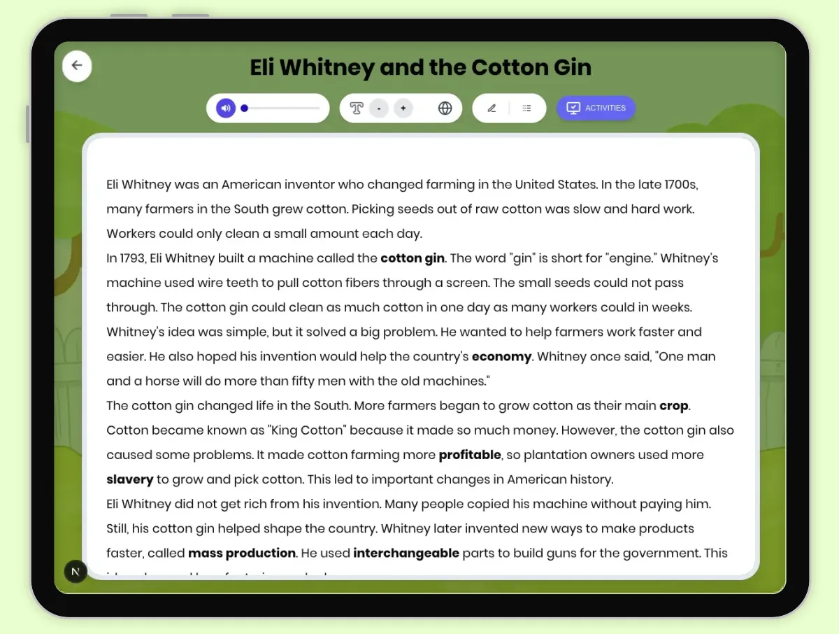Interactive — Reading Comprehension preview: Eli Whitney and the Cotton Gin covering D2.HIS.2.3-5, D2.HIS.3.3-5, RI.4.1, RI.4.3, W.4.2 standards - Page 1 of 1