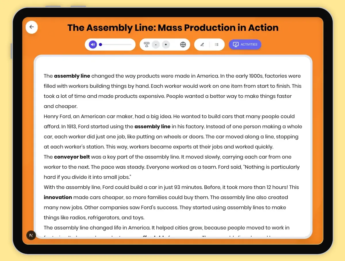 Interactive — Reading Comprehension preview: The Assembly Line: Mass Production in Action covering D2.HIS.2.3-5, D2.HIS.3.3-5, RI.4.3, RI.4.4, W.4.2 standards - Page 1 of 1