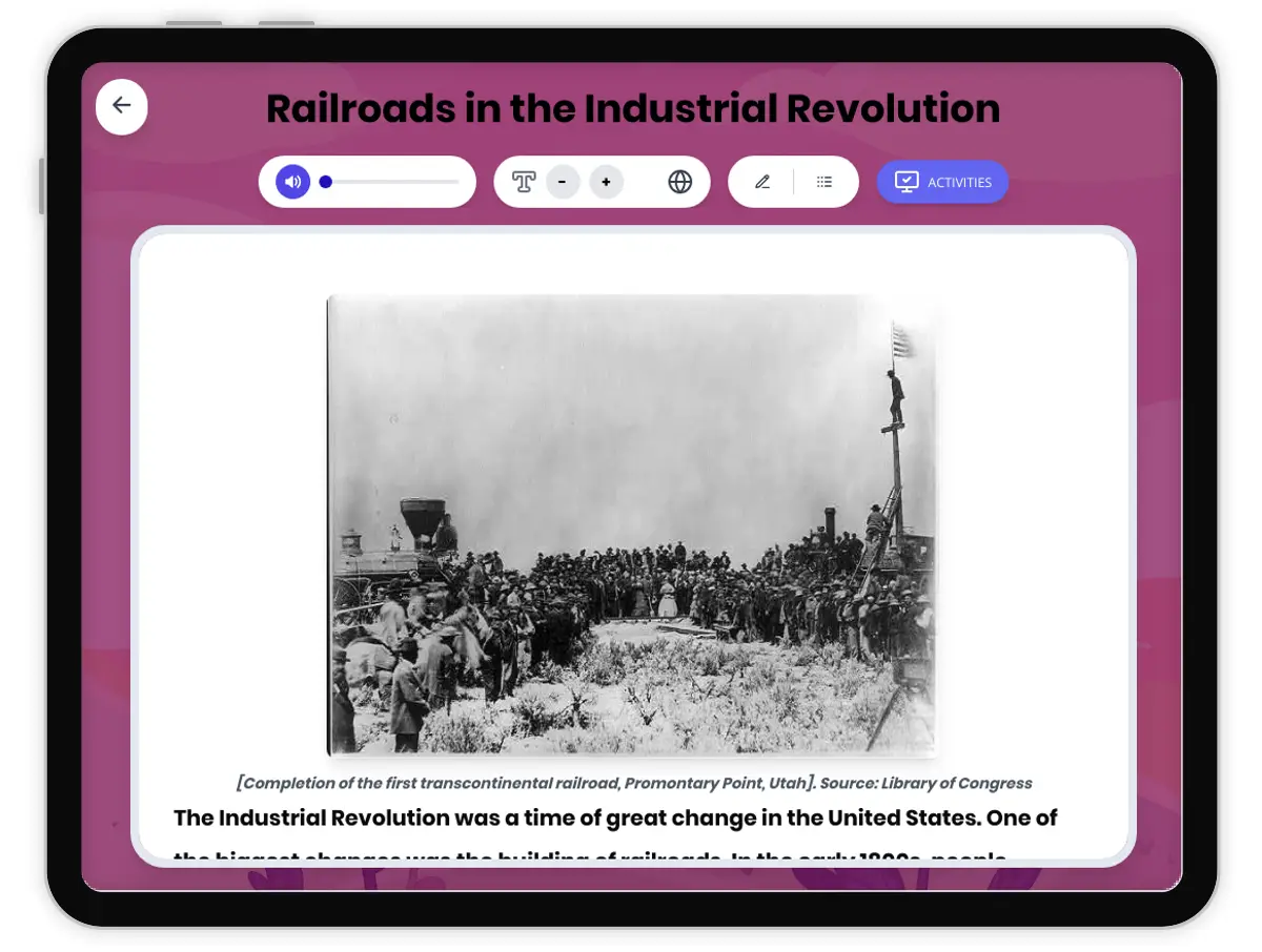 Interactive — Reading Comprehension preview: Railroads in the Industrial Revolution covering D2.HIS.2.3-5, D2.HIS.3.3-5, RI.4.3, RI.4.4, W.4.2 standards - Page 1 of 1