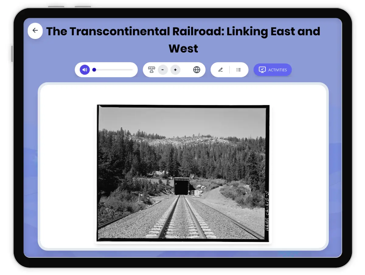 Interactive — Reading Comprehension preview: The Transcontinental Railroad: Linking East and West covering D2.HIS.2.3-5, D2.HIS.3.3-5, D2.HIS.14.3-5, RI.4.3, RI.4.4, W.4.2 standards - Page 1 of 1