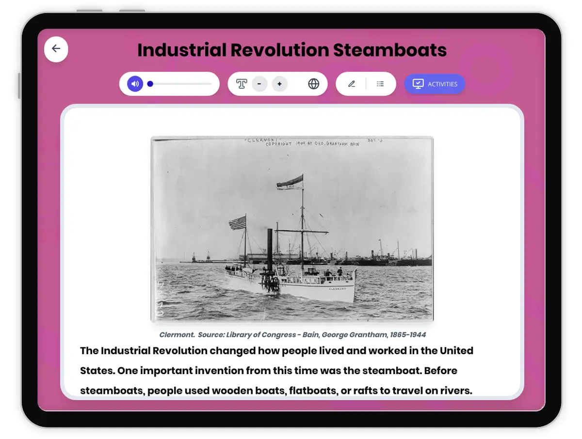 Interactive — Reading Comprehension preview: Industrial Revolution Steamboats covering D2.HIS.1.3-5, D2.HIS.2.3-5, RI.4.3, RI.4.4, W.4.2 standards - Page 1 of 1