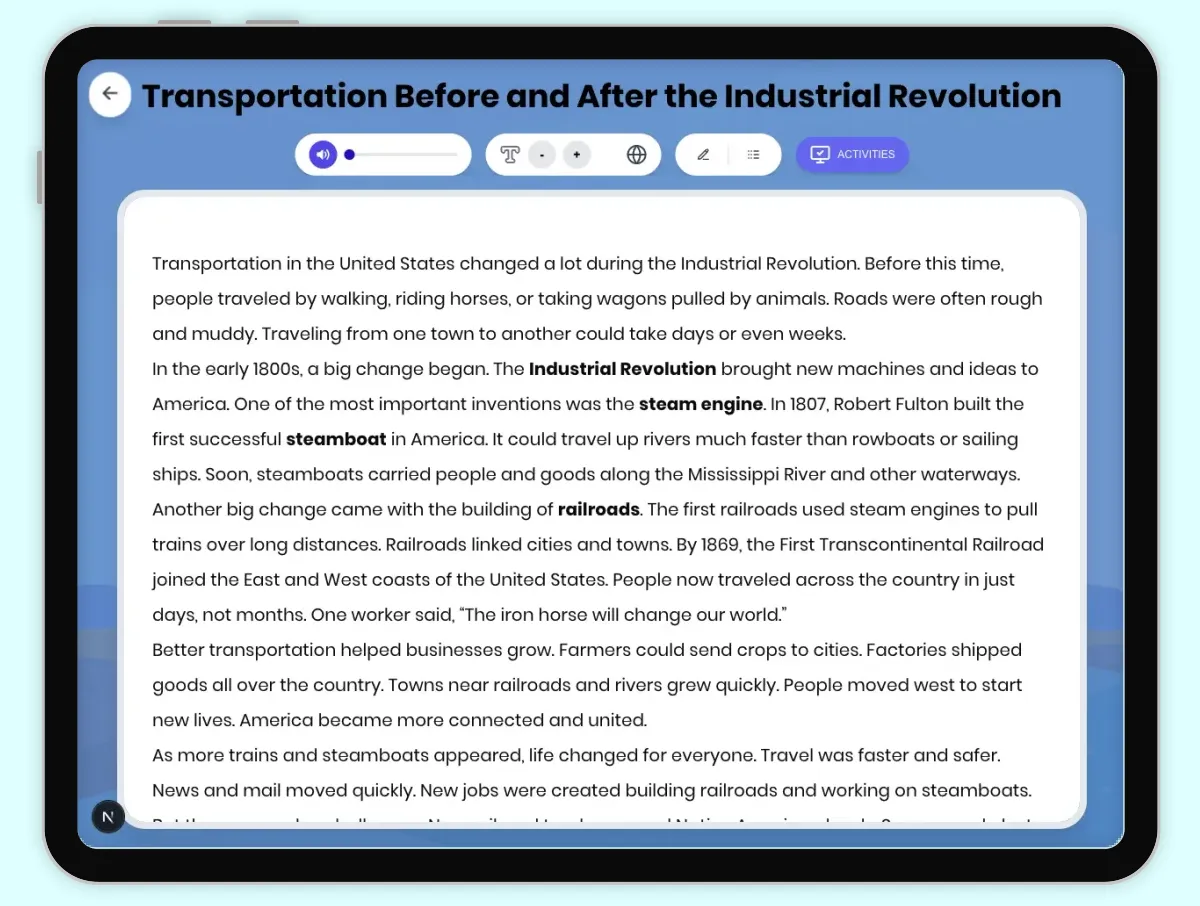 Interactive — Reading Comprehension preview: Transportation Before and After the Industrial Revolution covering D2.HIS.2.3-5, D2.HIS.3.3-5, RI.4.3, RI.4.4, RI.4.5, W.4.2 standards - Page 1 of 1