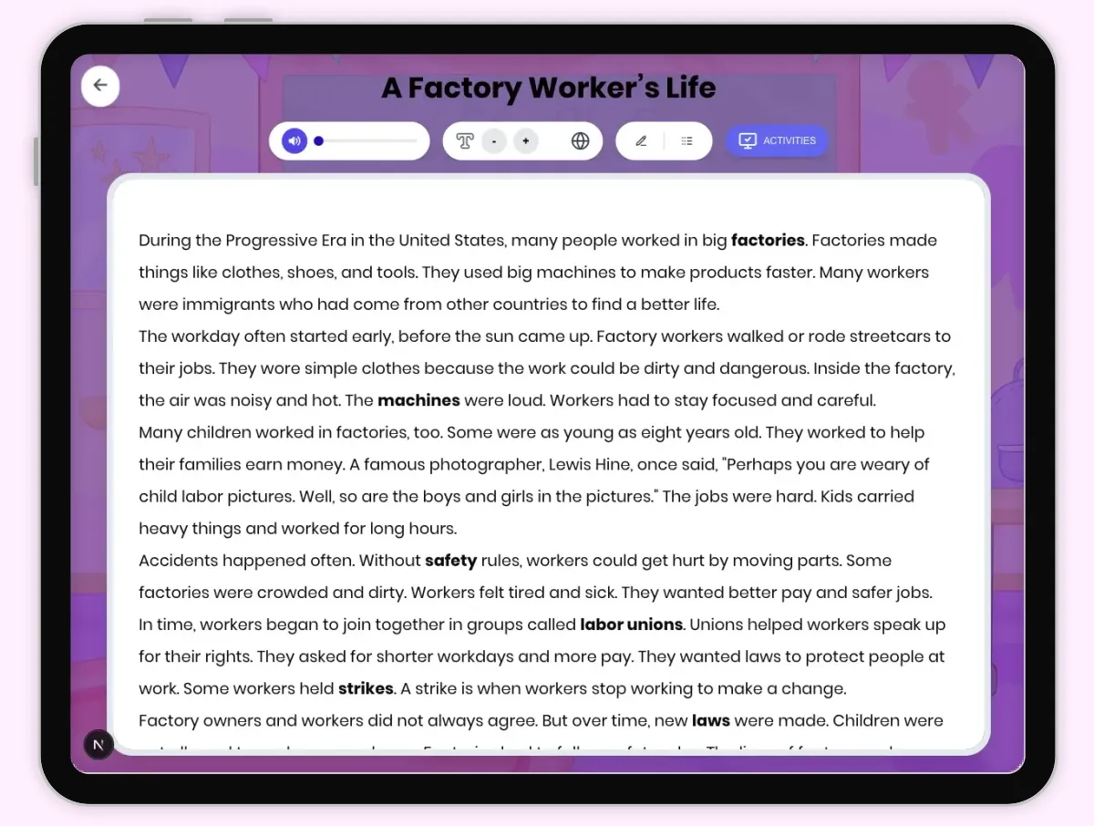 Interactive — Reading Comprehension preview: A Factory Worker’s Life covering D2.HIS.2.3-5, D2.HIS.3.3-5, RI.5.3, RI.5.4, W.5.2 standards - Page 1 of 1