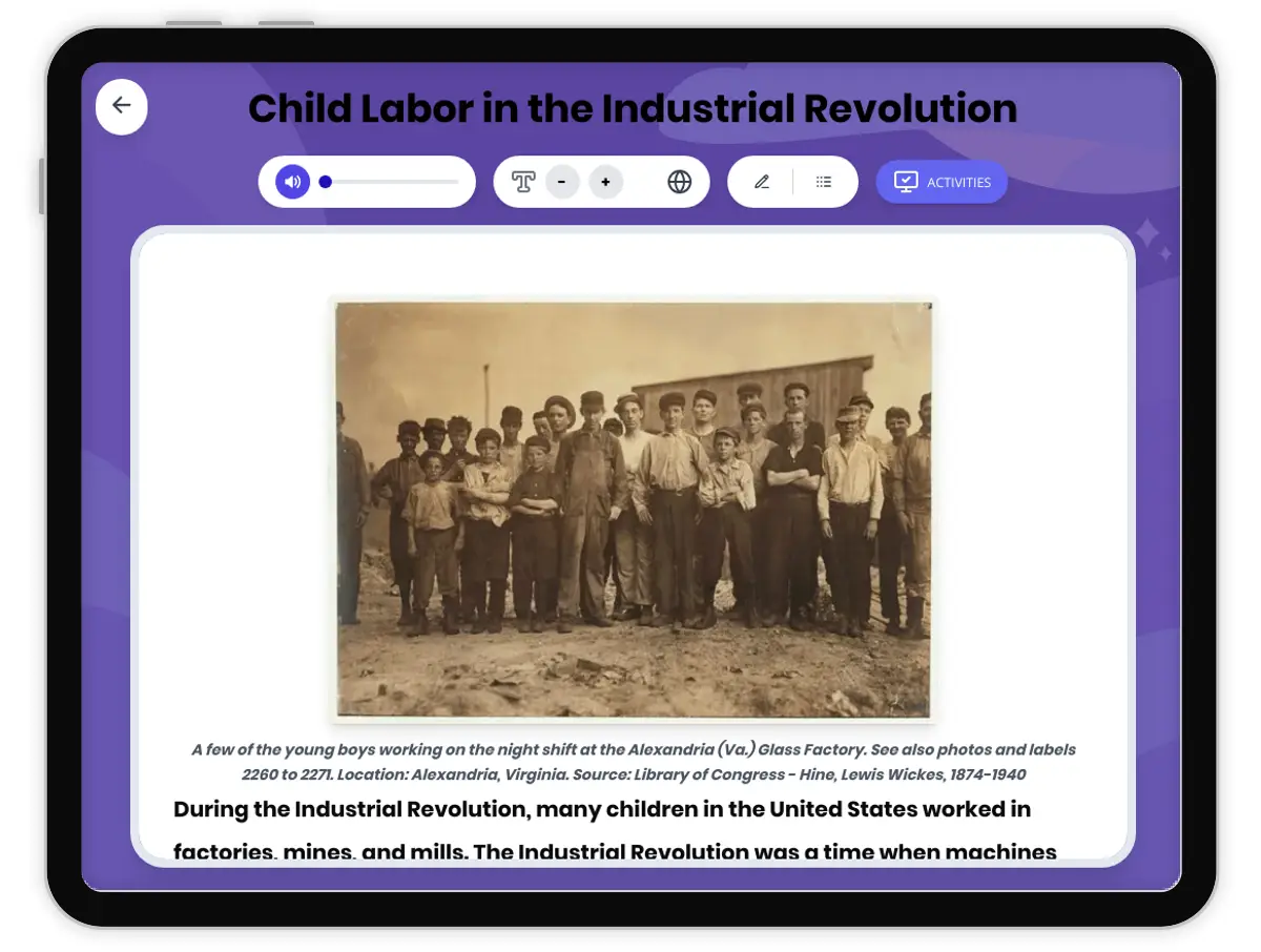 Interactive — Reading Comprehension preview: Child Labor in the Industrial Revolution covering D2.HIS.2.3-5, D2.HIS.16.3-5, RI.4.3, RI.4.4, W.4.2 standards - Page 1 of 1