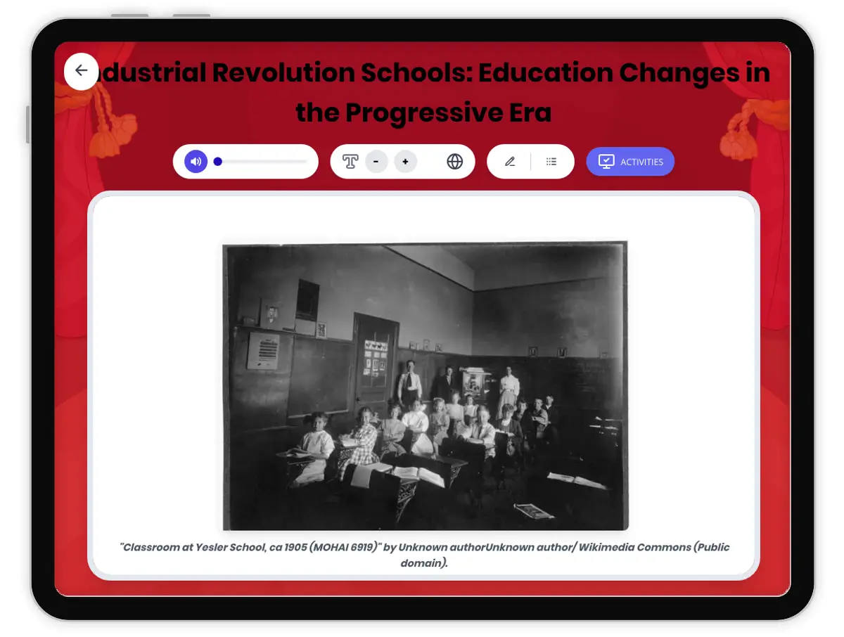 Interactive — Reading Comprehension preview: Industrial Revolution Schools (shows educational change) covering D2.HIS.2.3-5, D2.HIS.3.3-5, RI.4.3, RI.4.4, W.4.2 standards - Page 1 of 1