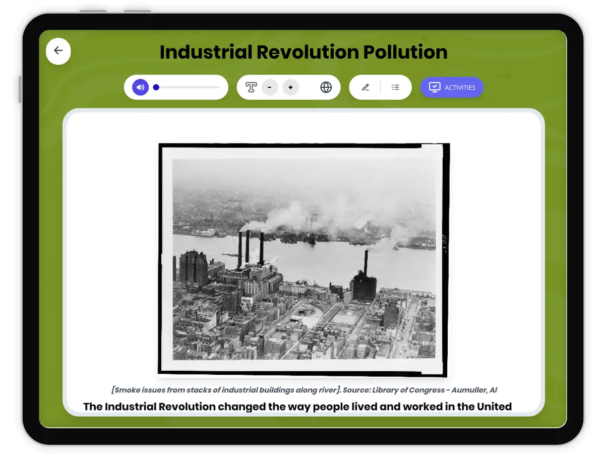 Interactive — Reading Comprehension preview: Industrial Revolution Pollution covering D2.HIS.2.3-5, D2.HIS.3.3-5, RI.4.3, RI.4.4, W.4.2 standards - Page 1 of 1