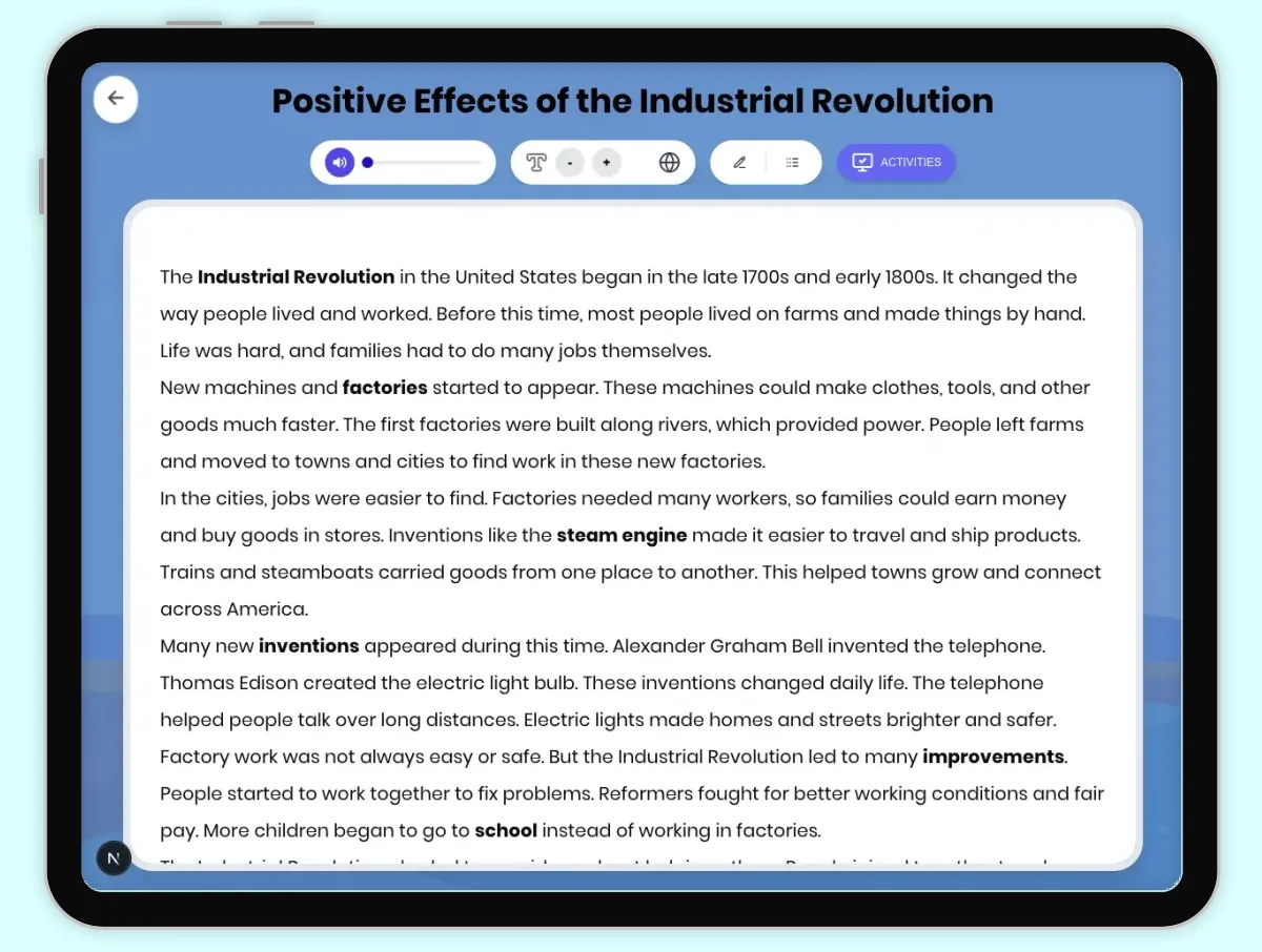 Interactive — Reading Comprehension preview: Positive Effects of the Industrial Revolution covering D2.HIS.3.3-5, D2.HIS.14.3-5, RI.4.3, RI.4.4, W.4.2 standards - Page 1 of 1