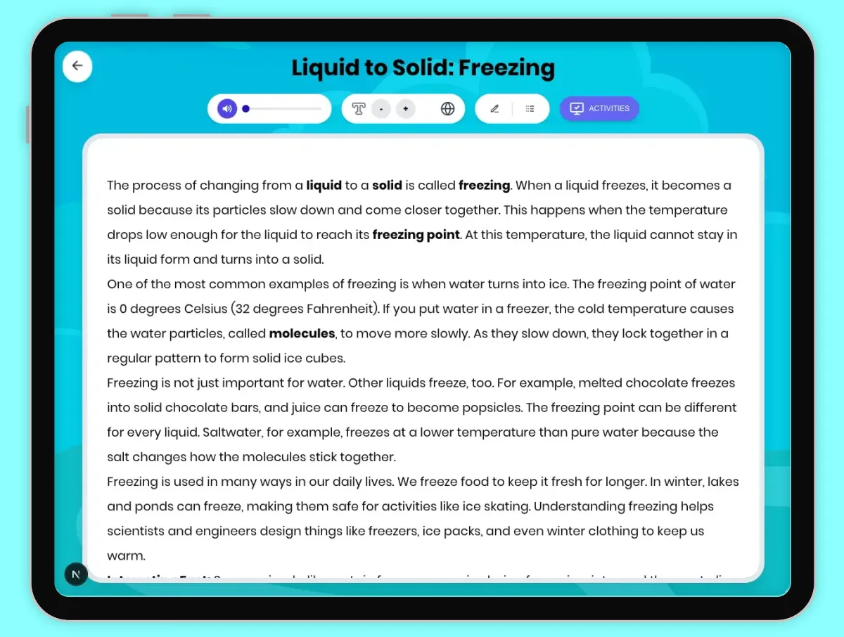 Interactive — Reading Comprehension preview: Liquid to Solid: Freezing covering  standards - Page 1 of 1