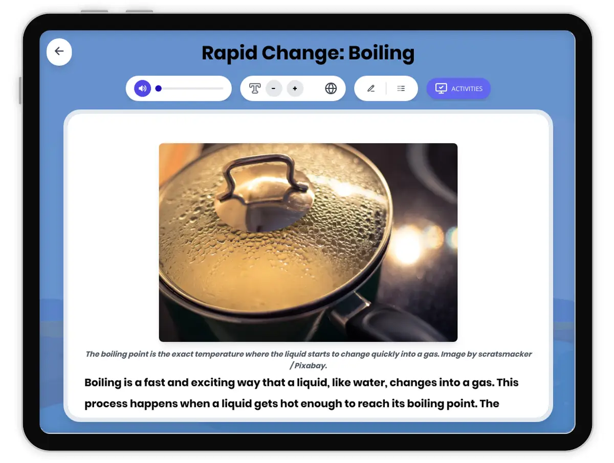 Interactive — Reading Comprehension preview: Rapid Change: Boiling covering  standards - Page 1 of 1