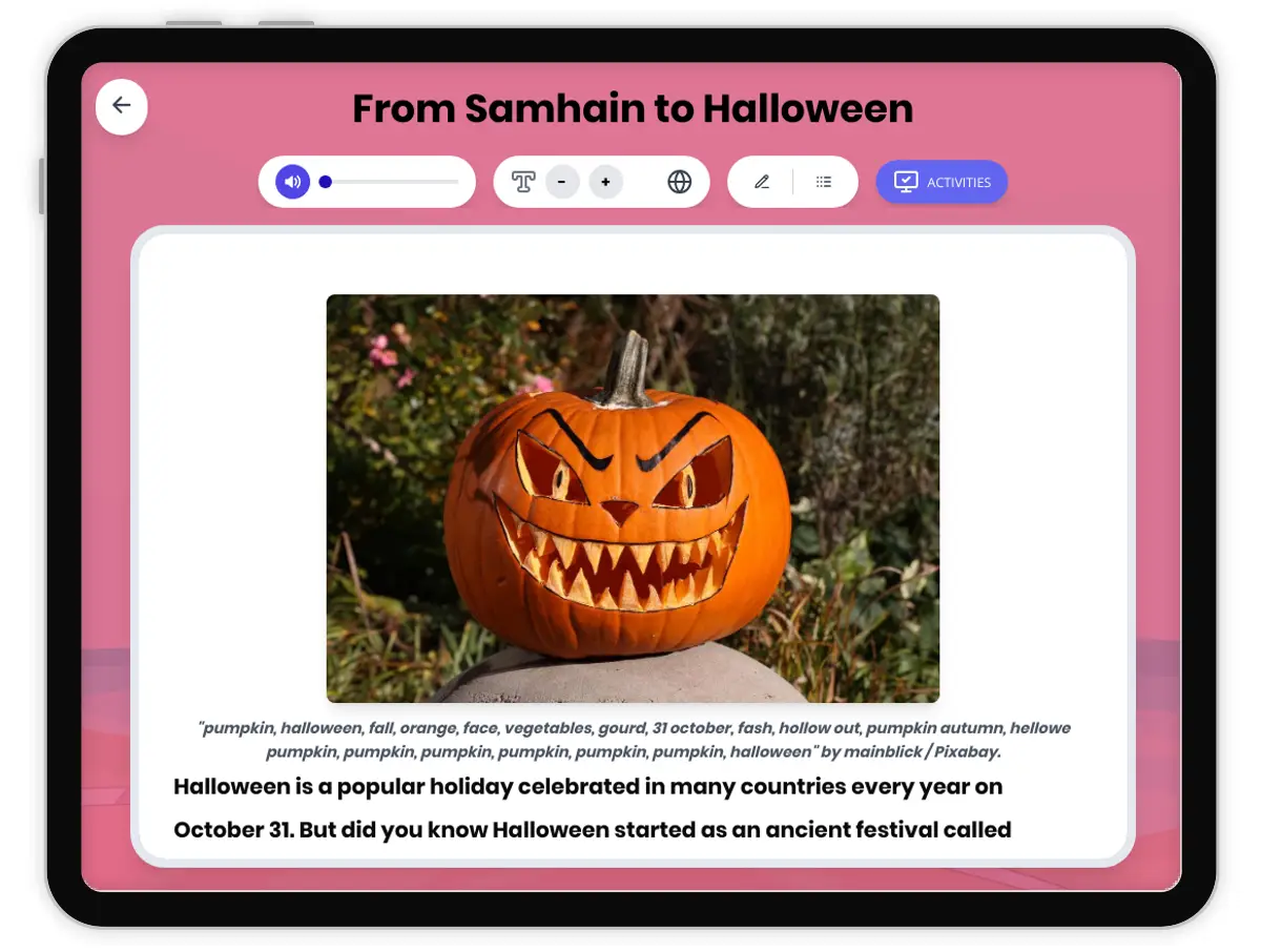 Interactive — Reading Comprehension preview: From Samhain to Halloween covering RI.4.3, RI.4.4, W.4.2, SL.4.1 standards - Page 1 of 1