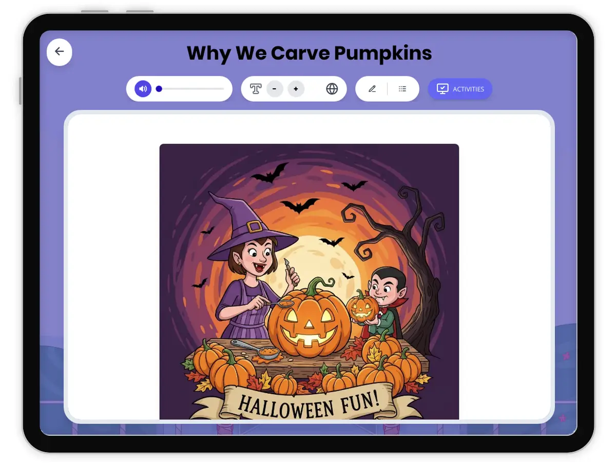 Interactive — Reading Comprehension preview: Why We Carve Pumpkins covering RI.4.3, RI.4.4, W.4.2 standards - Page 1 of 1