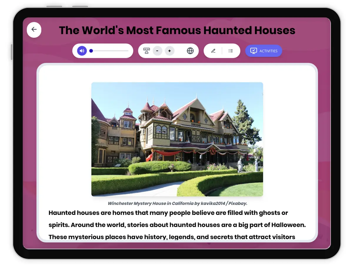 Interactive — Reading Comprehension preview: The World's Most Famous Haunted Houses covering RI.4.3, RI.4.4, RI.4.5, W.4.2, SL.4.1 standards - Page 1 of 1